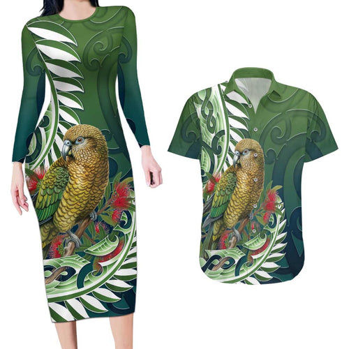 New Zealand Kea Bird Couples Matching Long Sleeve Bodycon Dress and Hawaiian Shirt With Maori Koru Fern - Aussie Hoodie