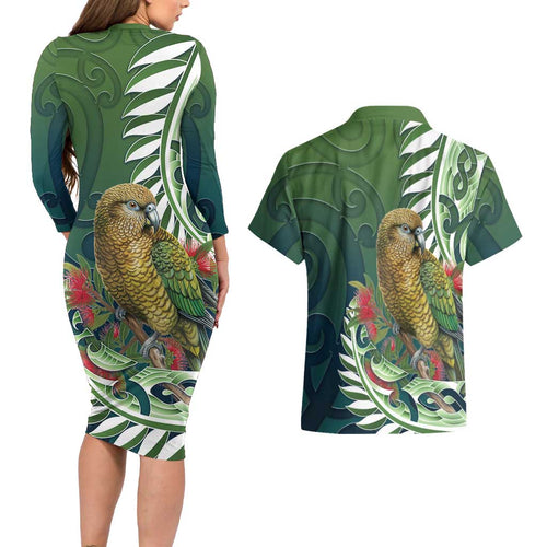New Zealand Kea Bird Couples Matching Long Sleeve Bodycon Dress and Hawaiian Shirt With Maori Koru Fern - Aussie Hoodie