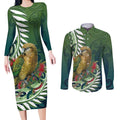 New Zealand Kea Bird Couples Matching Long Sleeve Bodycon Dress and Long Sleeve Button Shirt With Maori Koru Fern - Aussie Hoodie