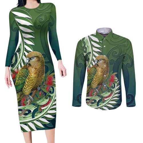 New Zealand Kea Bird Couples Matching Long Sleeve Bodycon Dress and Long Sleeve Button Shirt With Maori Koru Fern - Aussie Hoodie