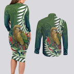 New Zealand Kea Bird Couples Matching Long Sleeve Bodycon Dress and Long Sleeve Button Shirt With Maori Koru Fern - Aussie Hoodie