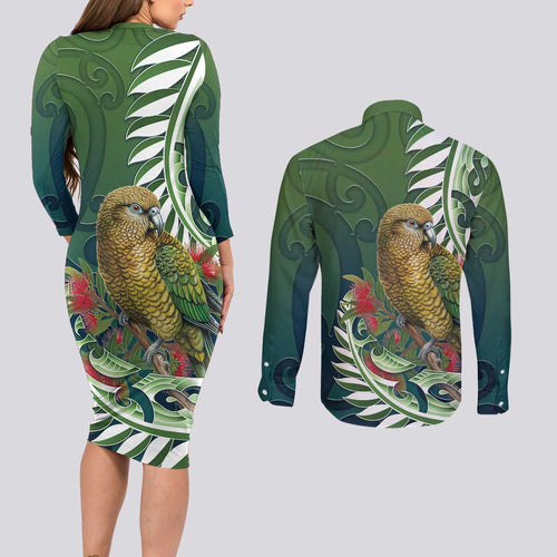 New Zealand Kea Bird Couples Matching Long Sleeve Bodycon Dress and Long Sleeve Button Shirt With Maori Koru Fern - Aussie Hoodie