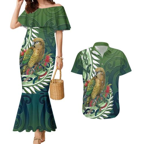 New Zealand Kea Bird Couples Matching Mermaid Dress and Hawaiian Shirt With Maori Koru Fern - Aussie Hoodie