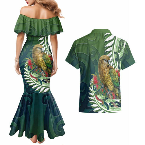New Zealand Kea Bird Couples Matching Mermaid Dress and Hawaiian Shirt With Maori Koru Fern - Aussie Hoodie