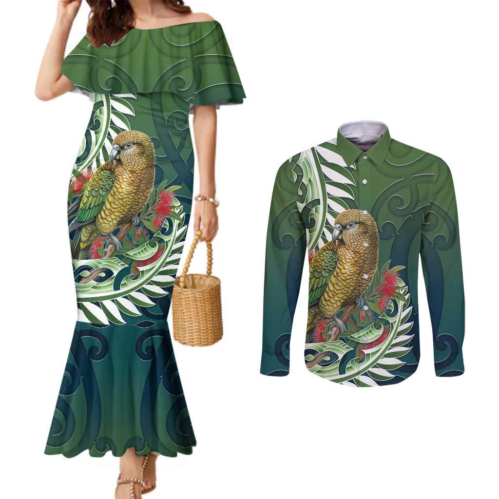 New Zealand Kea Bird Couples Matching Mermaid Dress and Long Sleeve Button Shirt With Maori Koru Fern - Aussie Hoodie