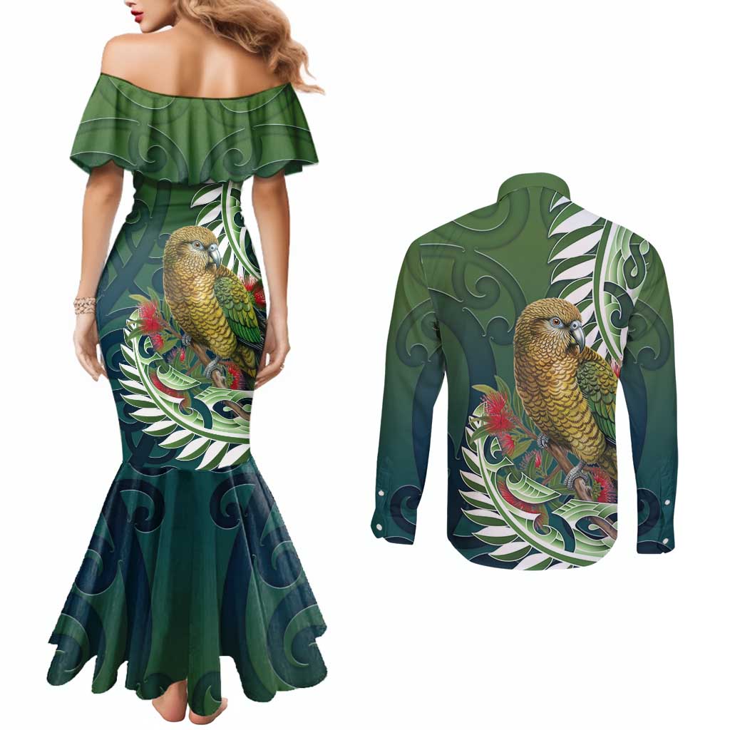 New Zealand Kea Bird Couples Matching Mermaid Dress and Long Sleeve Button Shirt With Maori Koru Fern - Aussie Hoodie