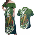 New Zealand Kea Bird Couples Matching Off Shoulder Maxi Dress and Hawaiian Shirt With Maori Koru Fern - Aussie Hoodie