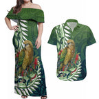 New Zealand Kea Bird Couples Matching Off Shoulder Maxi Dress and Hawaiian Shirt With Maori Koru Fern - Aussie Hoodie