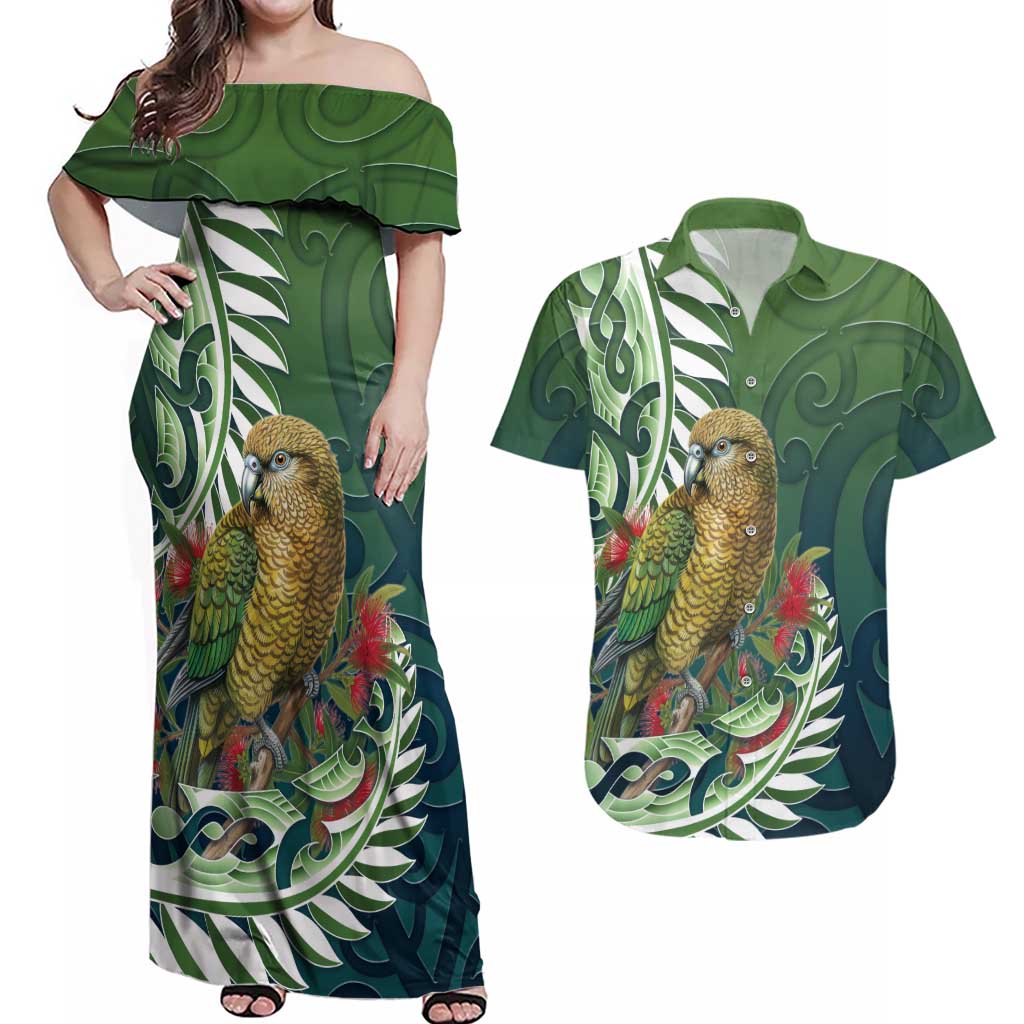 New Zealand Kea Bird Couples Matching Off Shoulder Maxi Dress and Hawaiian Shirt With Maori Koru Fern - Aussie Hoodie