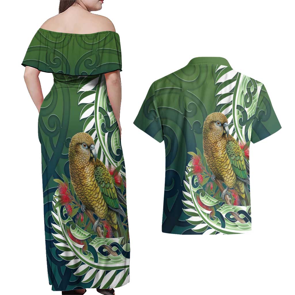 New Zealand Kea Bird Couples Matching Off Shoulder Maxi Dress and Hawaiian Shirt With Maori Koru Fern - Aussie Hoodie