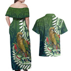 New Zealand Kea Bird Couples Matching Off Shoulder Maxi Dress and Hawaiian Shirt With Maori Koru Fern - Aussie Hoodie