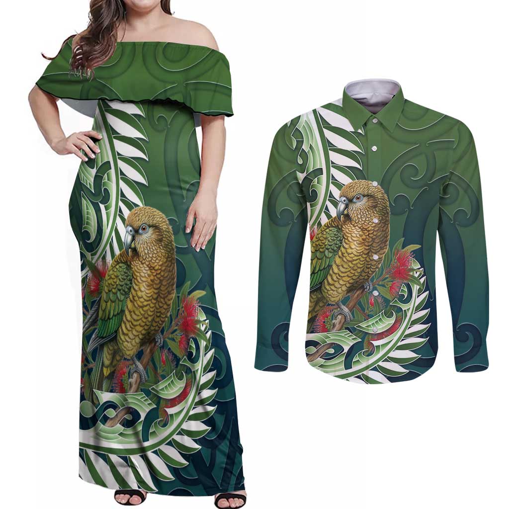 New Zealand Kea Bird Couples Matching Off Shoulder Maxi Dress and Long Sleeve Button Shirt With Maori Koru Fern - Aussie Hoodie