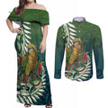 New Zealand Kea Bird Couples Matching Off Shoulder Maxi Dress and Long Sleeve Button Shirt With Maori Koru Fern - Aussie Hoodie