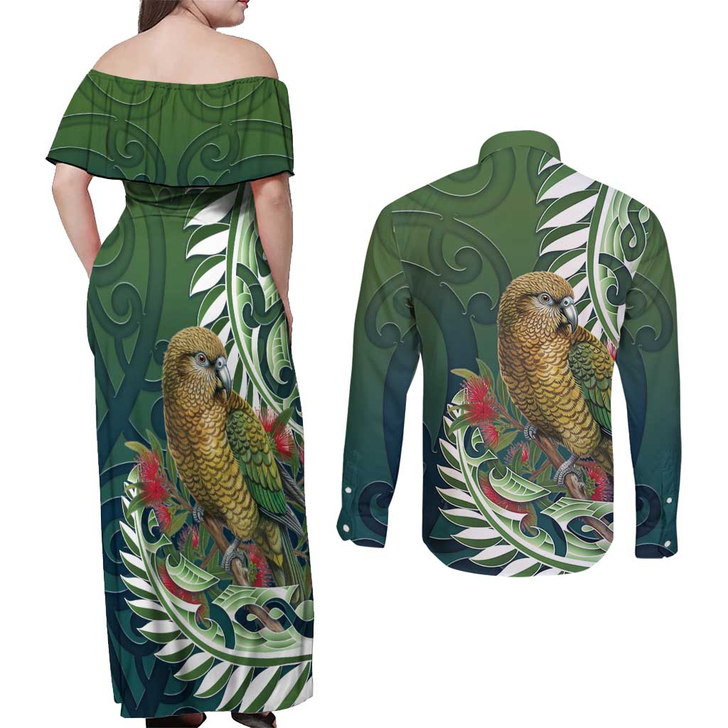 New Zealand Kea Bird Couples Matching Off Shoulder Maxi Dress and Long Sleeve Button Shirt With Maori Koru Fern - Aussie Hoodie