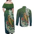 New Zealand Kea Bird Couples Matching Off Shoulder Maxi Dress and Long Sleeve Button Shirt With Maori Koru Fern - Aussie Hoodie