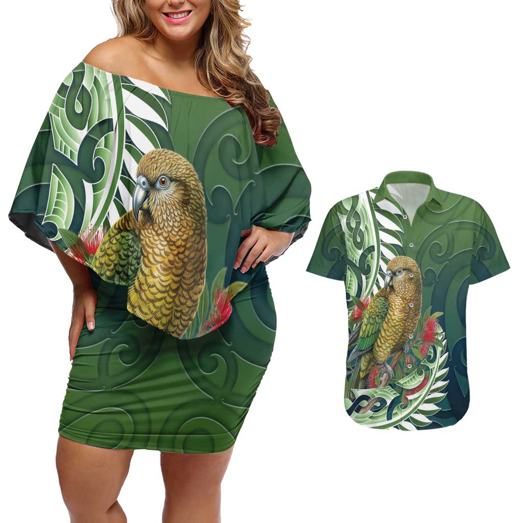New Zealand Kea Bird Couples Matching Off Shoulder Short Dress and Hawaiian Shirt With Maori Koru Fern - Aussie Hoodie
