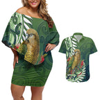 New Zealand Kea Bird Couples Matching Off Shoulder Short Dress and Hawaiian Shirt With Maori Koru Fern - Aussie Hoodie