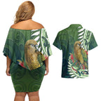 New Zealand Kea Bird Couples Matching Off Shoulder Short Dress and Hawaiian Shirt With Maori Koru Fern - Aussie Hoodie