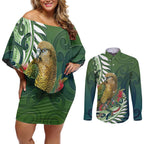 New Zealand Kea Bird Couples Matching Off Shoulder Short Dress and Long Sleeve Button Shirt With Maori Koru Fern - Aussie Hoodie