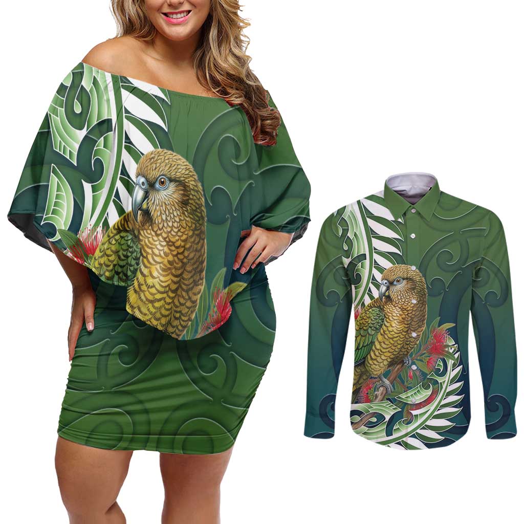 New Zealand Kea Bird Couples Matching Off Shoulder Short Dress and Long Sleeve Button Shirt With Maori Koru Fern - Aussie Hoodie