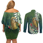New Zealand Kea Bird Couples Matching Off Shoulder Short Dress and Long Sleeve Button Shirt With Maori Koru Fern - Aussie Hoodie