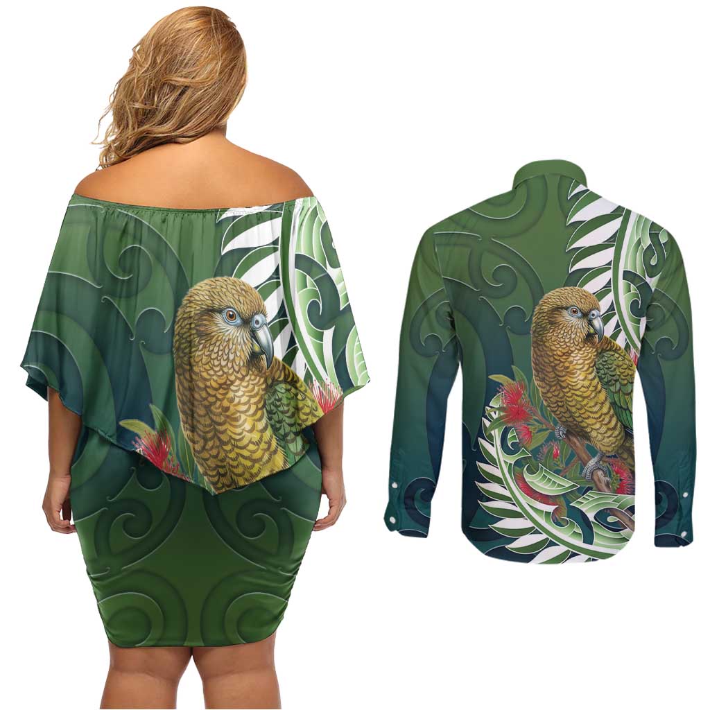 New Zealand Kea Bird Couples Matching Off Shoulder Short Dress and Long Sleeve Button Shirt With Maori Koru Fern - Aussie Hoodie