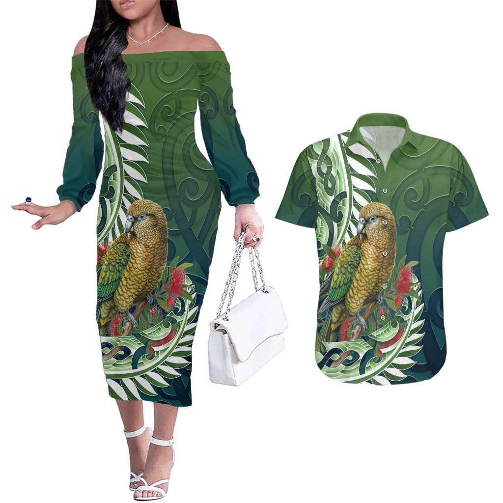 New Zealand Kea Bird Couples Matching Off The Shoulder Long Sleeve Dress and Hawaiian Shirt With Maori Koru Fern - Aussie Hoodie