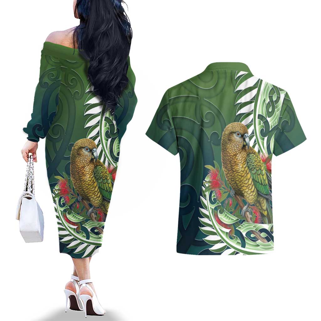 New Zealand Kea Bird Couples Matching Off The Shoulder Long Sleeve Dress and Hawaiian Shirt With Maori Koru Fern - Aussie Hoodie