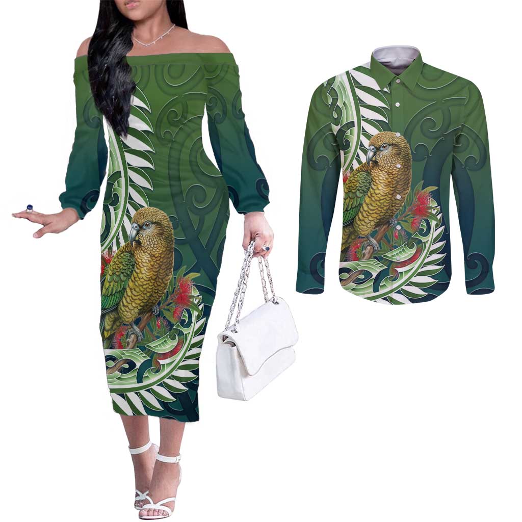 New Zealand Kea Bird Couples Matching Off The Shoulder Long Sleeve Dress and Long Sleeve Button Shirt With Maori Koru Fern - Aussie Hoodie
