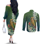 New Zealand Kea Bird Couples Matching Off The Shoulder Long Sleeve Dress and Long Sleeve Button Shirt With Maori Koru Fern - Aussie Hoodie