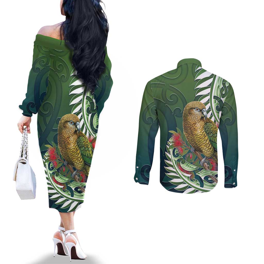 New Zealand Kea Bird Couples Matching Off The Shoulder Long Sleeve Dress and Long Sleeve Button Shirt With Maori Koru Fern - Aussie Hoodie