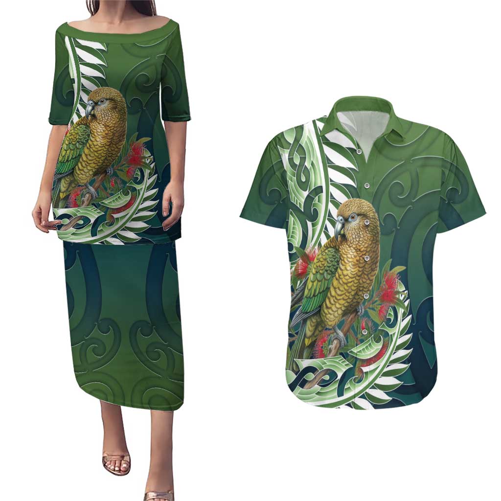 New Zealand Kea Bird Couples Matching Puletasi and Hawaiian Shirt With Maori Koru Fern - Aussie Hoodie