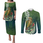 New Zealand Kea Bird Couples Matching Puletasi and Long Sleeve Button Shirt With Maori Koru Fern - Aussie Hoodie