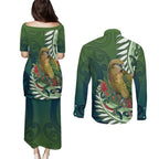 New Zealand Kea Bird Couples Matching Puletasi and Long Sleeve Button Shirt With Maori Koru Fern - Aussie Hoodie