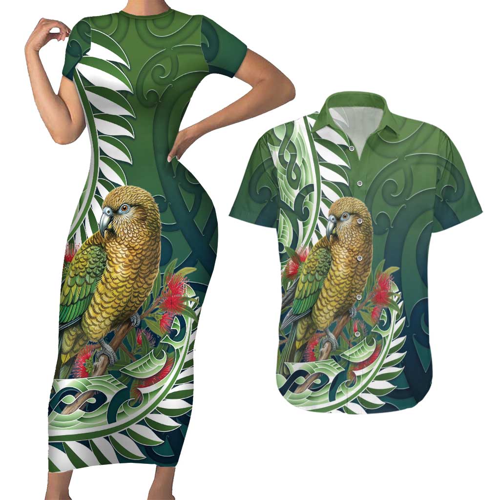 New Zealand Kea Bird Couples Matching Short Sleeve Bodycon Dress and Hawaiian Shirt With Maori Koru Fern - Aussie Hoodie