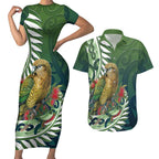 New Zealand Kea Bird Couples Matching Short Sleeve Bodycon Dress and Hawaiian Shirt With Maori Koru Fern - Aussie Hoodie