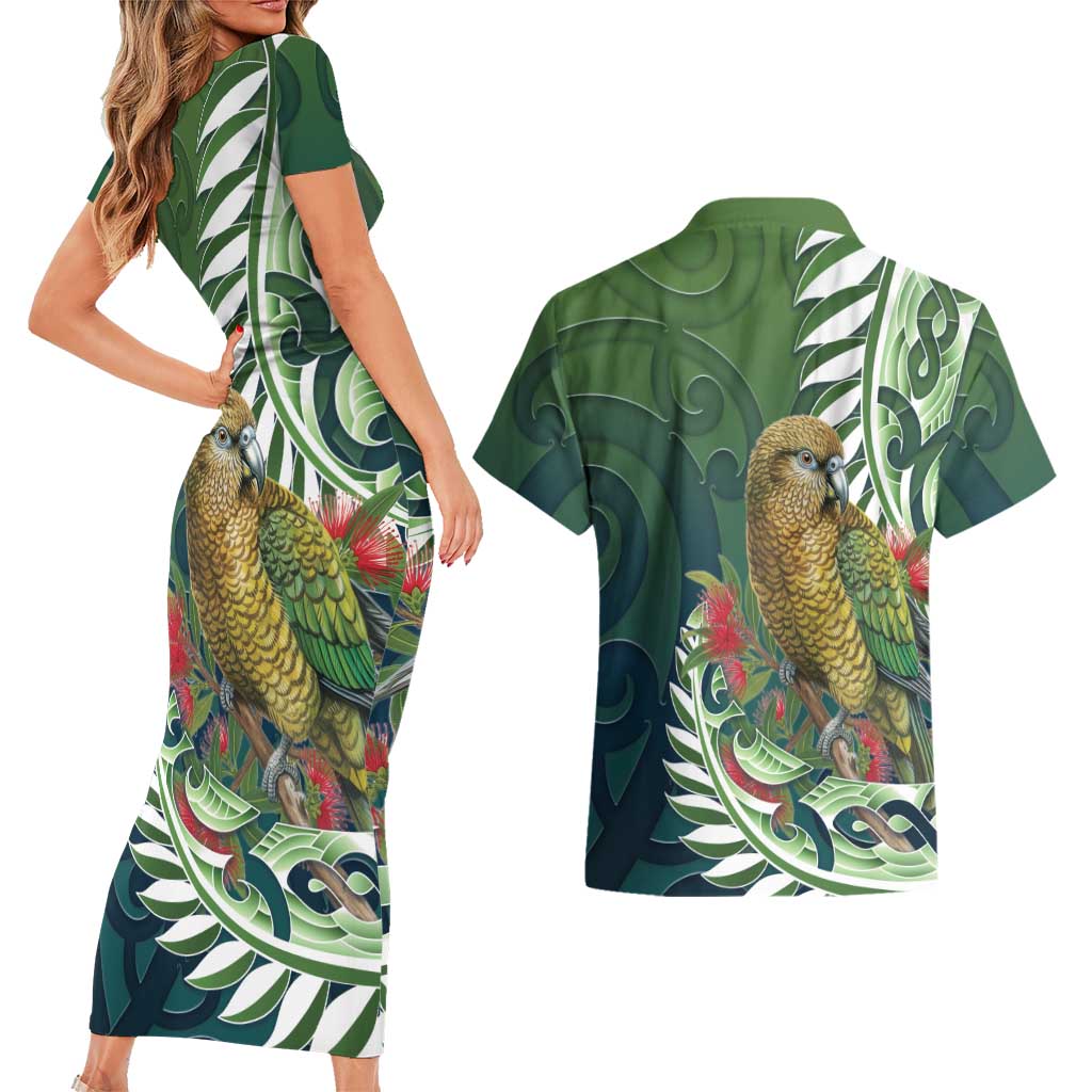 New Zealand Kea Bird Couples Matching Short Sleeve Bodycon Dress and Hawaiian Shirt With Maori Koru Fern - Aussie Hoodie