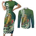 New Zealand Kea Bird Couples Matching Short Sleeve Bodycon Dress and Long Sleeve Button Shirt With Maori Koru Fern - Aussie Hoodie