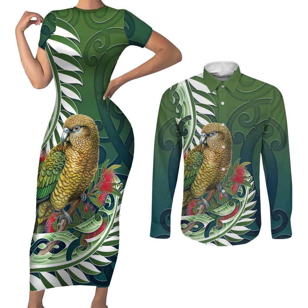 New Zealand Kea Bird Couples Matching Short Sleeve Bodycon Dress and Long Sleeve Button Shirt With Maori Koru Fern - Aussie Hoodie