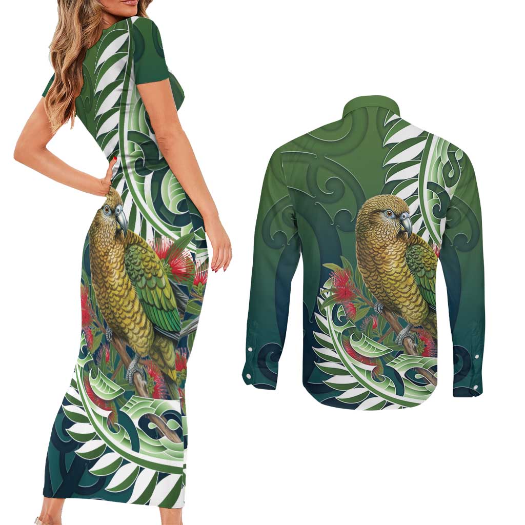 New Zealand Kea Bird Couples Matching Short Sleeve Bodycon Dress and Long Sleeve Button Shirt With Maori Koru Fern - Aussie Hoodie