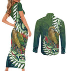 New Zealand Kea Bird Couples Matching Short Sleeve Bodycon Dress and Long Sleeve Button Shirt With Maori Koru Fern - Aussie Hoodie