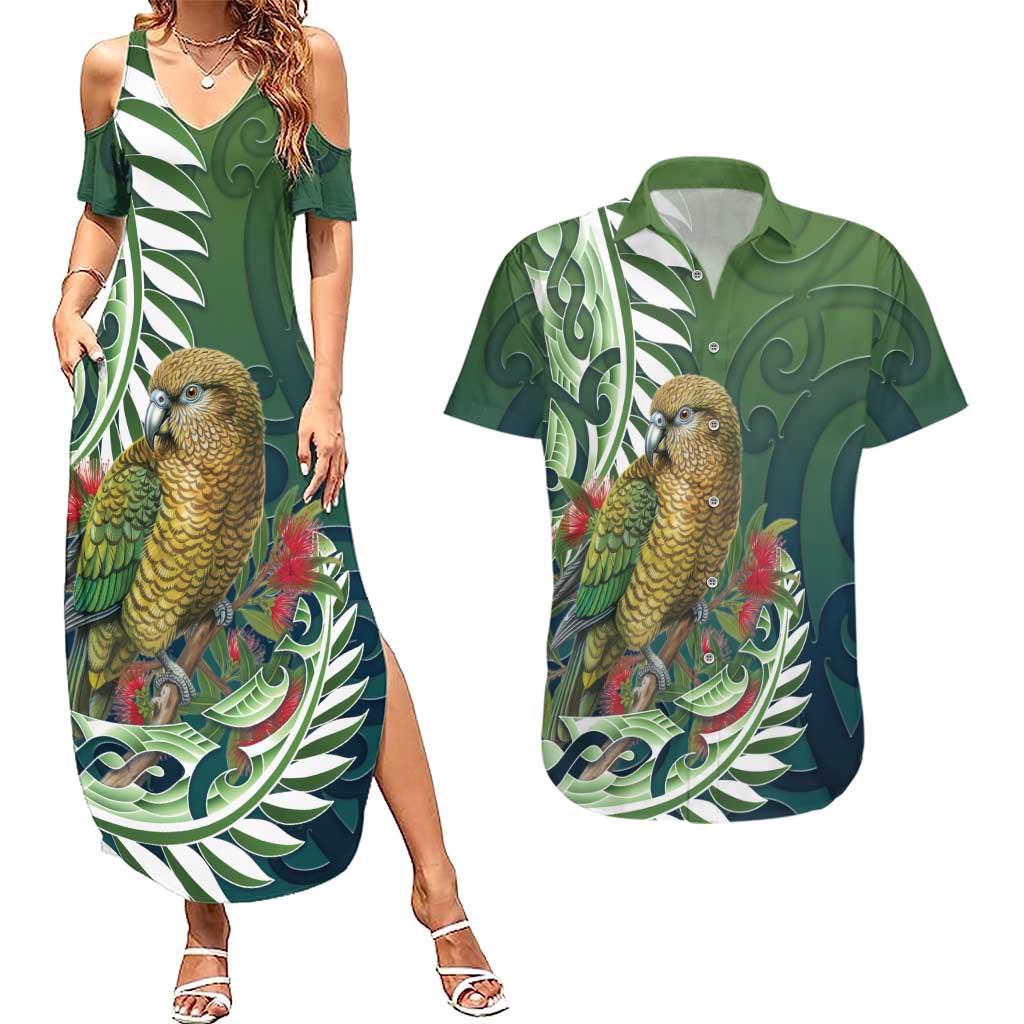 New Zealand Kea Bird Couples Matching Summer Maxi Dress and Hawaiian Shirt With Maori Koru Fern - Aussie Hoodie