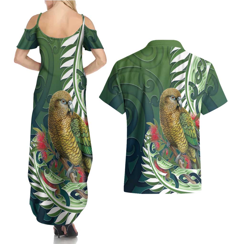 New Zealand Kea Bird Couples Matching Summer Maxi Dress and Hawaiian Shirt With Maori Koru Fern - Aussie Hoodie