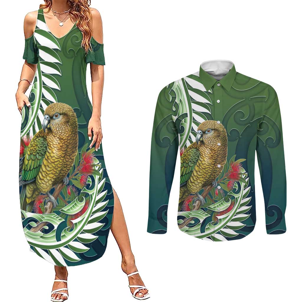 New Zealand Kea Bird Couples Matching Summer Maxi Dress and Long Sleeve Button Shirt With Maori Koru Fern - Aussie Hoodie