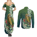 New Zealand Kea Bird Couples Matching Summer Maxi Dress and Long Sleeve Button Shirt With Maori Koru Fern - Aussie Hoodie