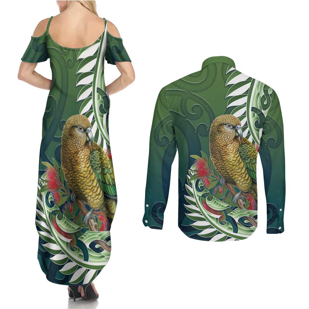 New Zealand Kea Bird Couples Matching Summer Maxi Dress and Long Sleeve Button Shirt With Maori Koru Fern - Aussie Hoodie