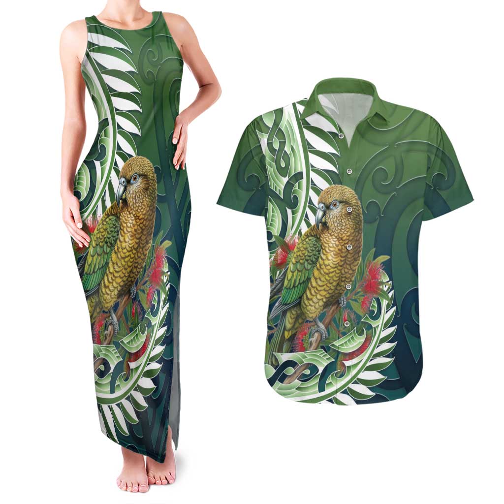 New Zealand Kea Bird Couples Matching Tank Maxi Dress and Hawaiian Shirt With Maori Koru Fern - Aussie Hoodie