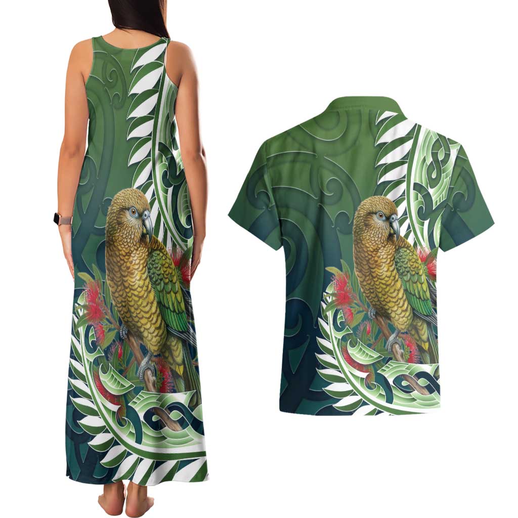 New Zealand Kea Bird Couples Matching Tank Maxi Dress and Hawaiian Shirt With Maori Koru Fern - Aussie Hoodie