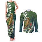New Zealand Kea Bird Couples Matching Tank Maxi Dress and Long Sleeve Button Shirt With Maori Koru Fern - Aussie Hoodie