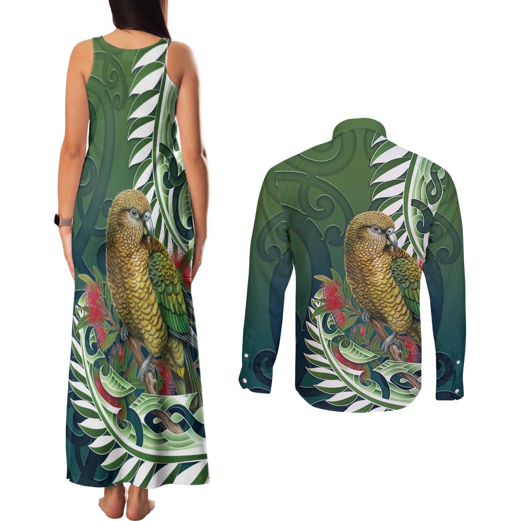 New Zealand Kea Bird Couples Matching Tank Maxi Dress and Long Sleeve Button Shirt With Maori Koru Fern - Aussie Hoodie